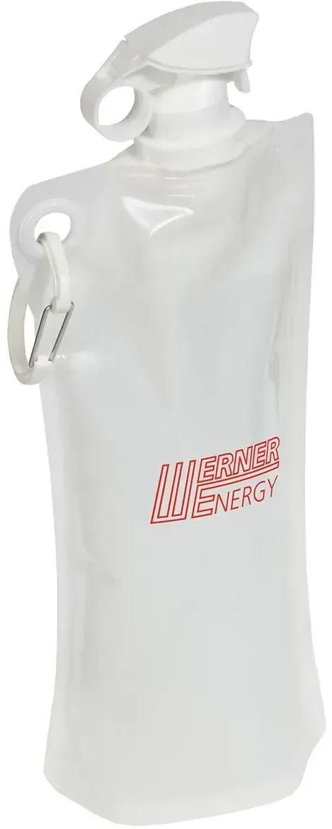 Angled view of the branded foldable 27 oz water bottle showing its flip-top lid, custom promotional bottle