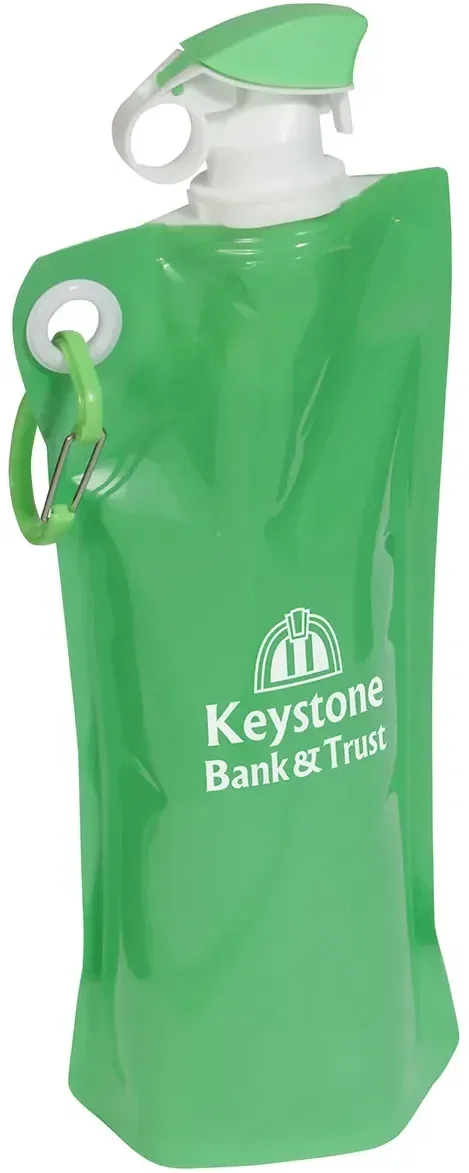 Close-up of the promotional flip-top lid and carabiner clip on the custom foldable water bottle