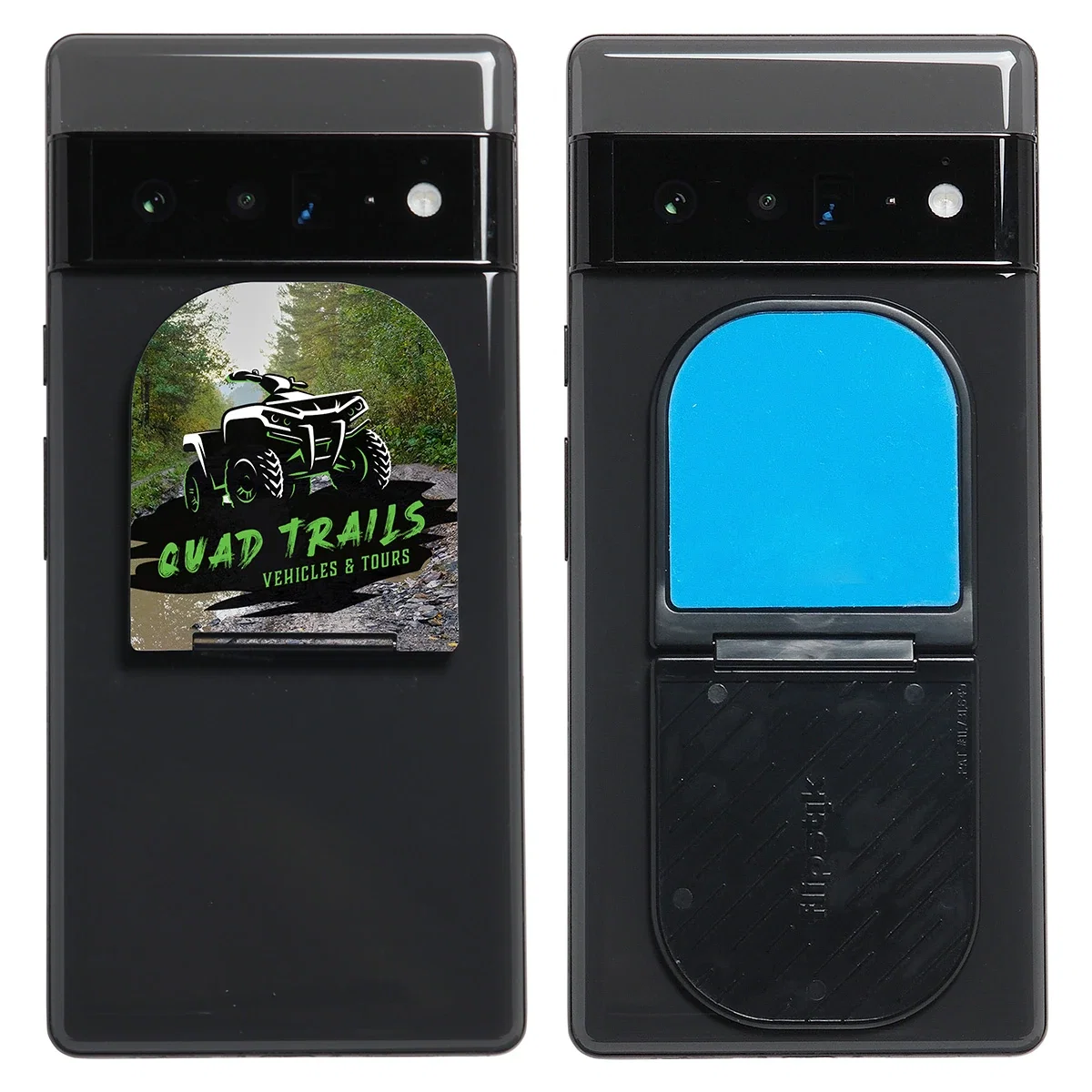 Side profile of the promotional Flipstik 3.0 phone stand showing the folded hinge