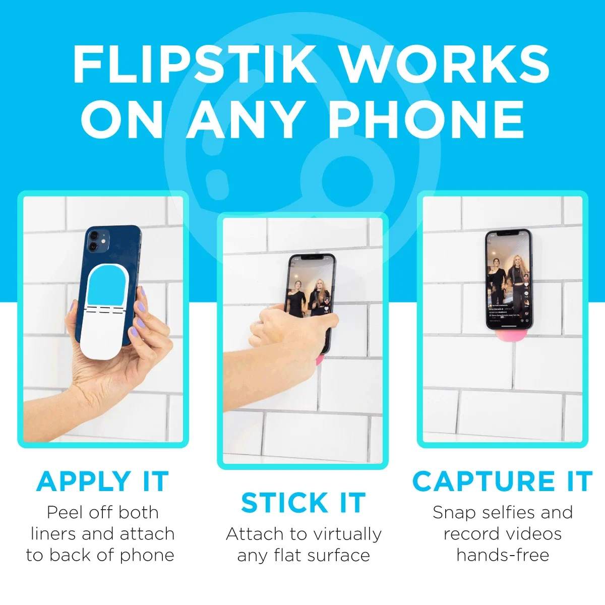 Flipstik 3.0 phone stand propped up holding a smartphone, hands-free lifestyle shot