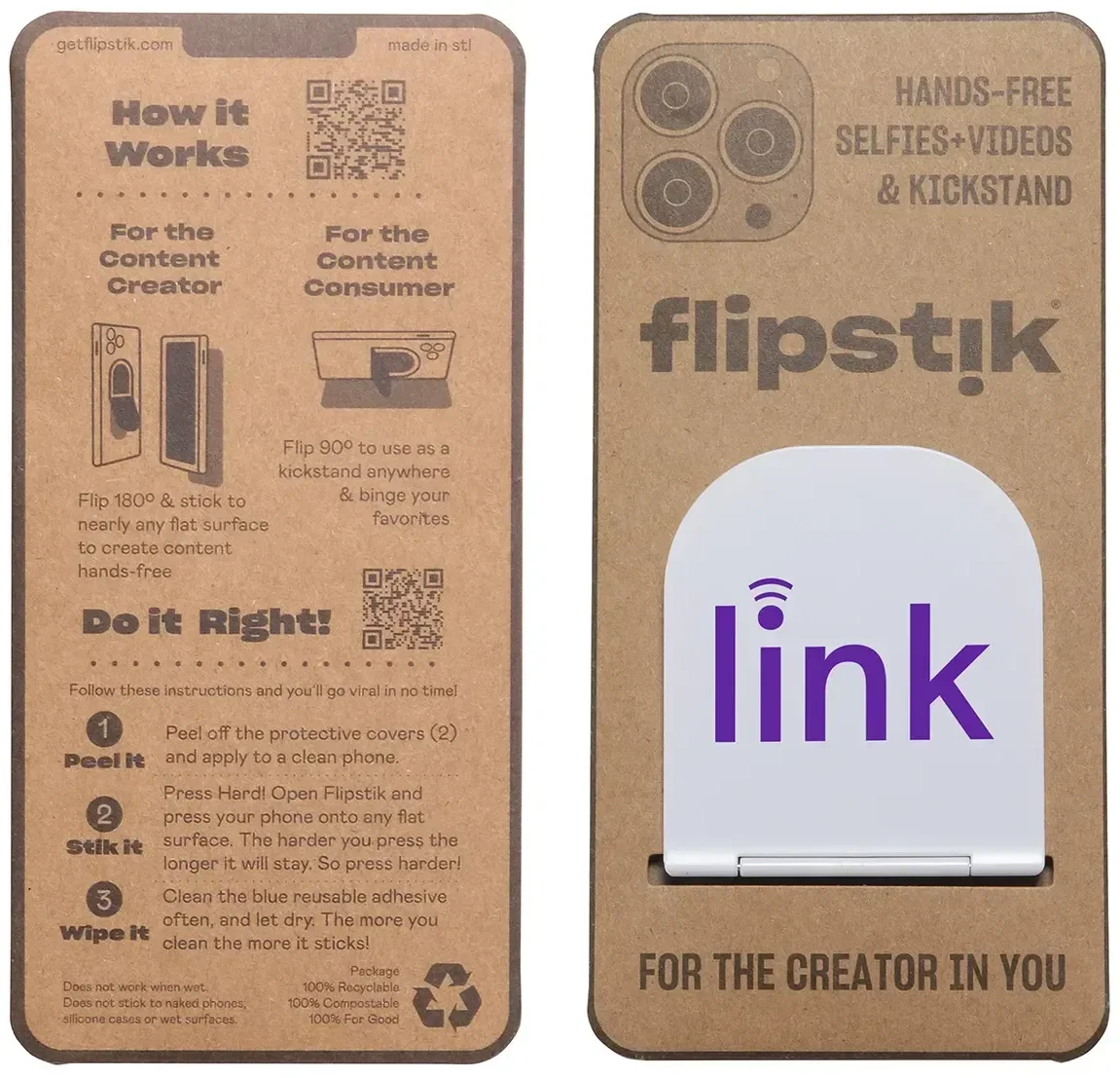 Custom Flipstik 3.0 phone stand stuck to a smooth surface, hands-free hold