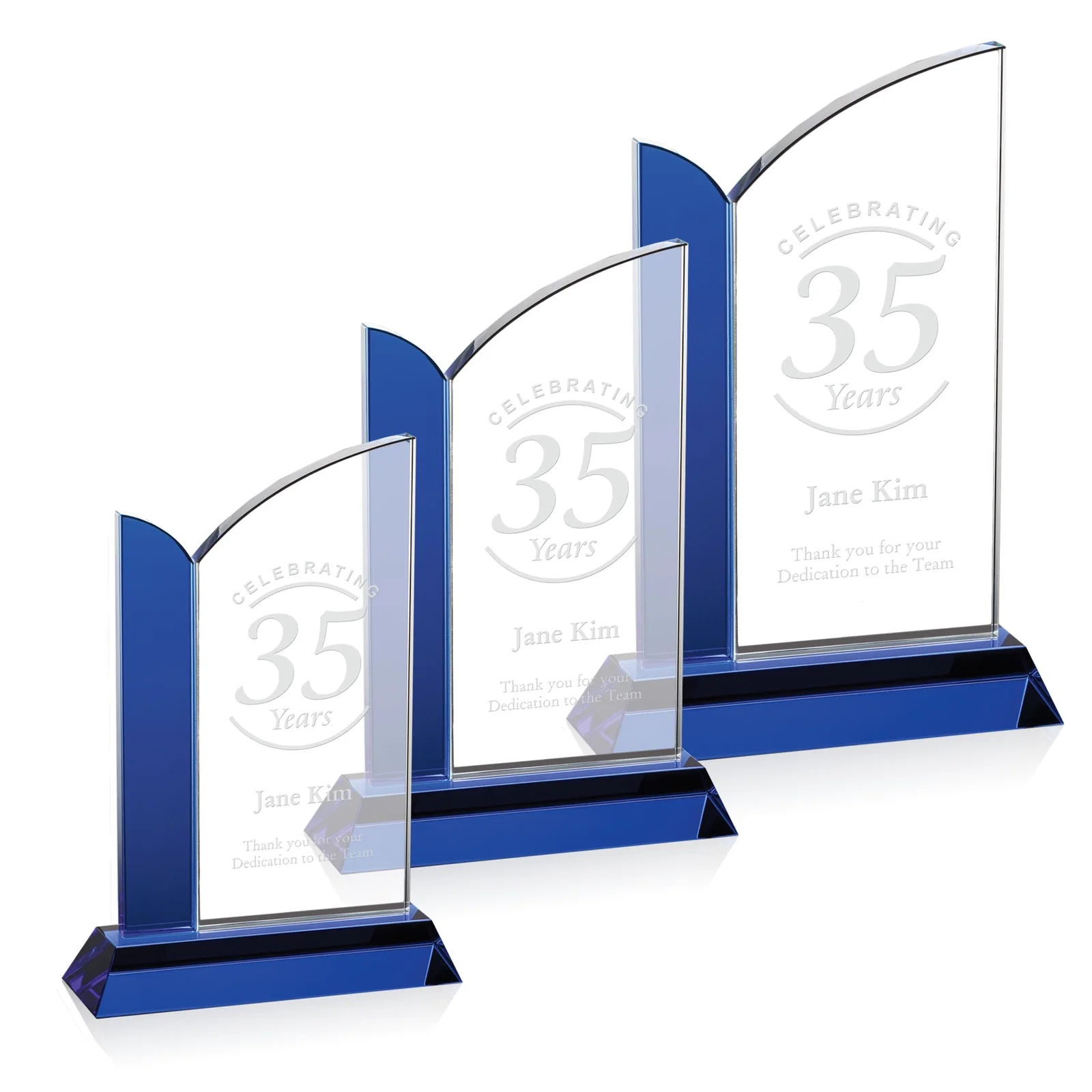 Floating Arch Crystal Award on Beveled Blue Base — view 2