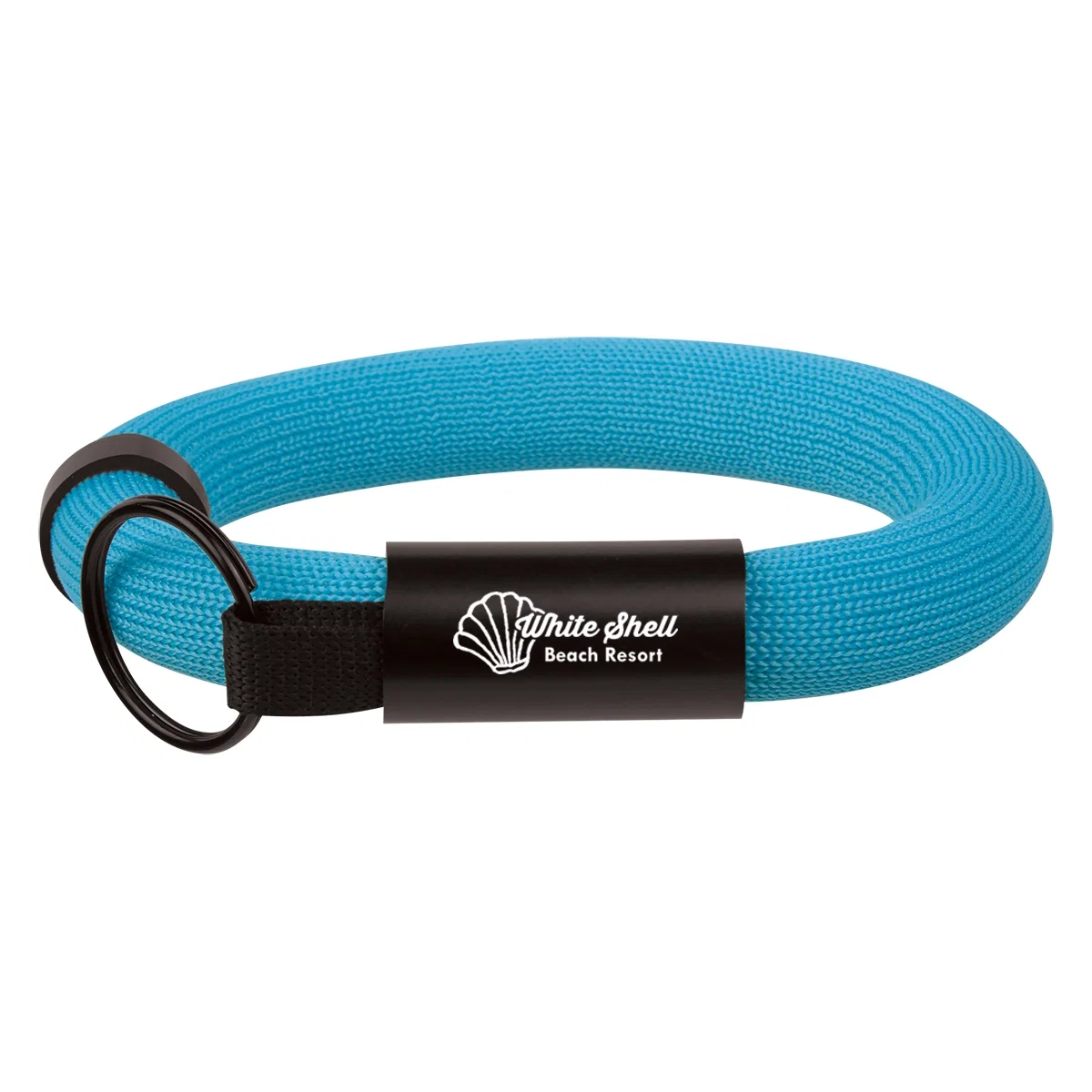 Floating wristband key holder in neon blue, four inches across