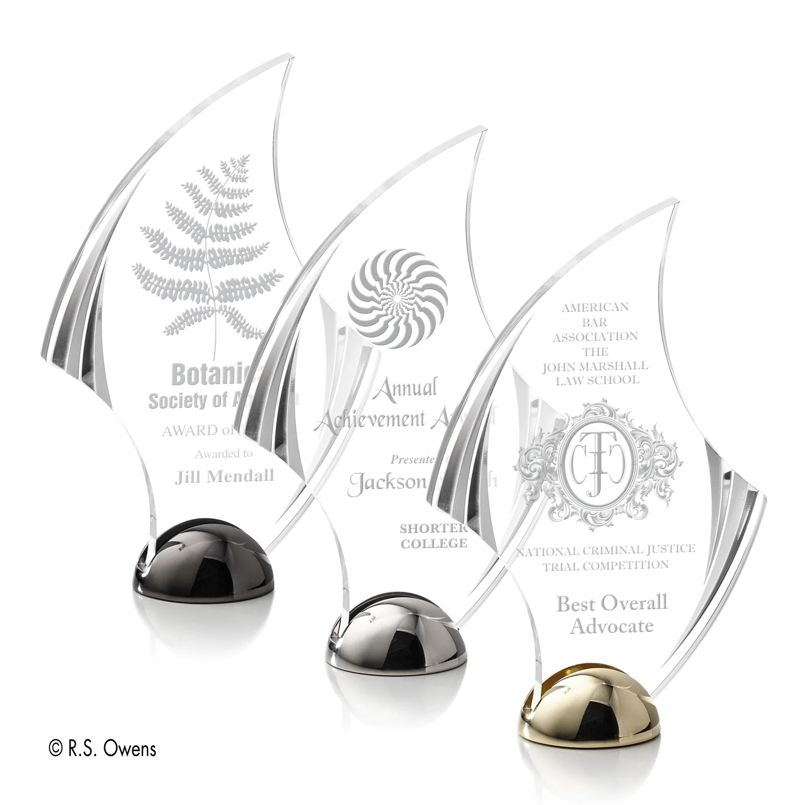 Custom Acrylic Award with Carved Bevels on Cast Metal Hemisphere Base for employee recognition