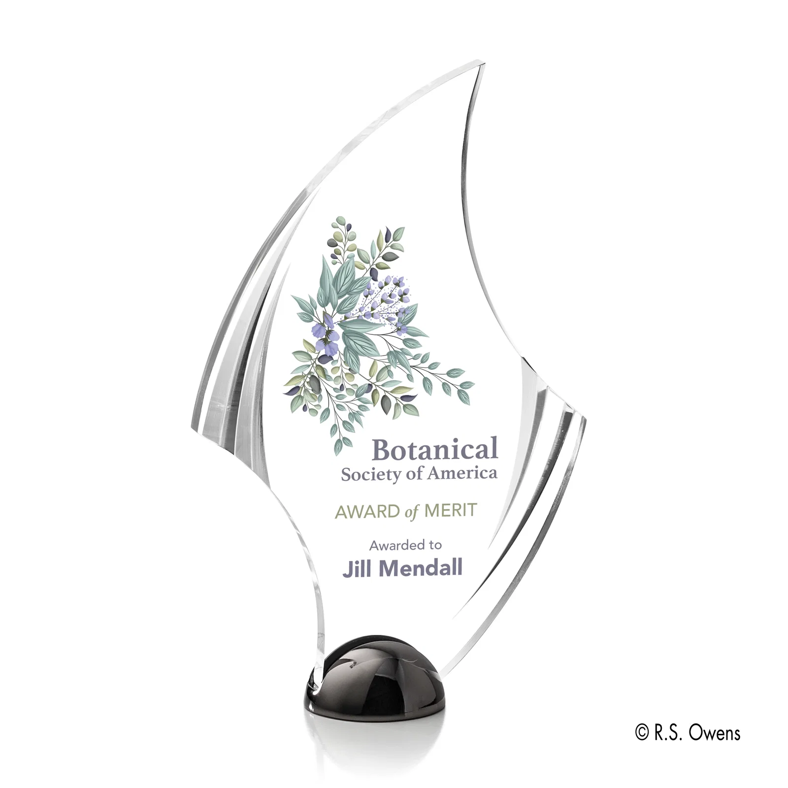 Custom Acrylic Award with Carved Bevels on Cast Metal Hemisphere Base for company anniversary events