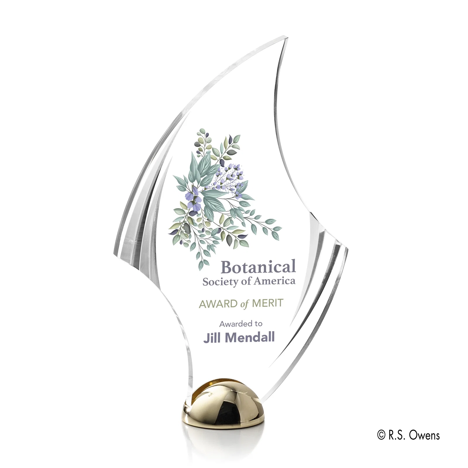 Personalized Acrylic Award with Carved Bevels on Cast Metal Hemisphere Base for employee recognition