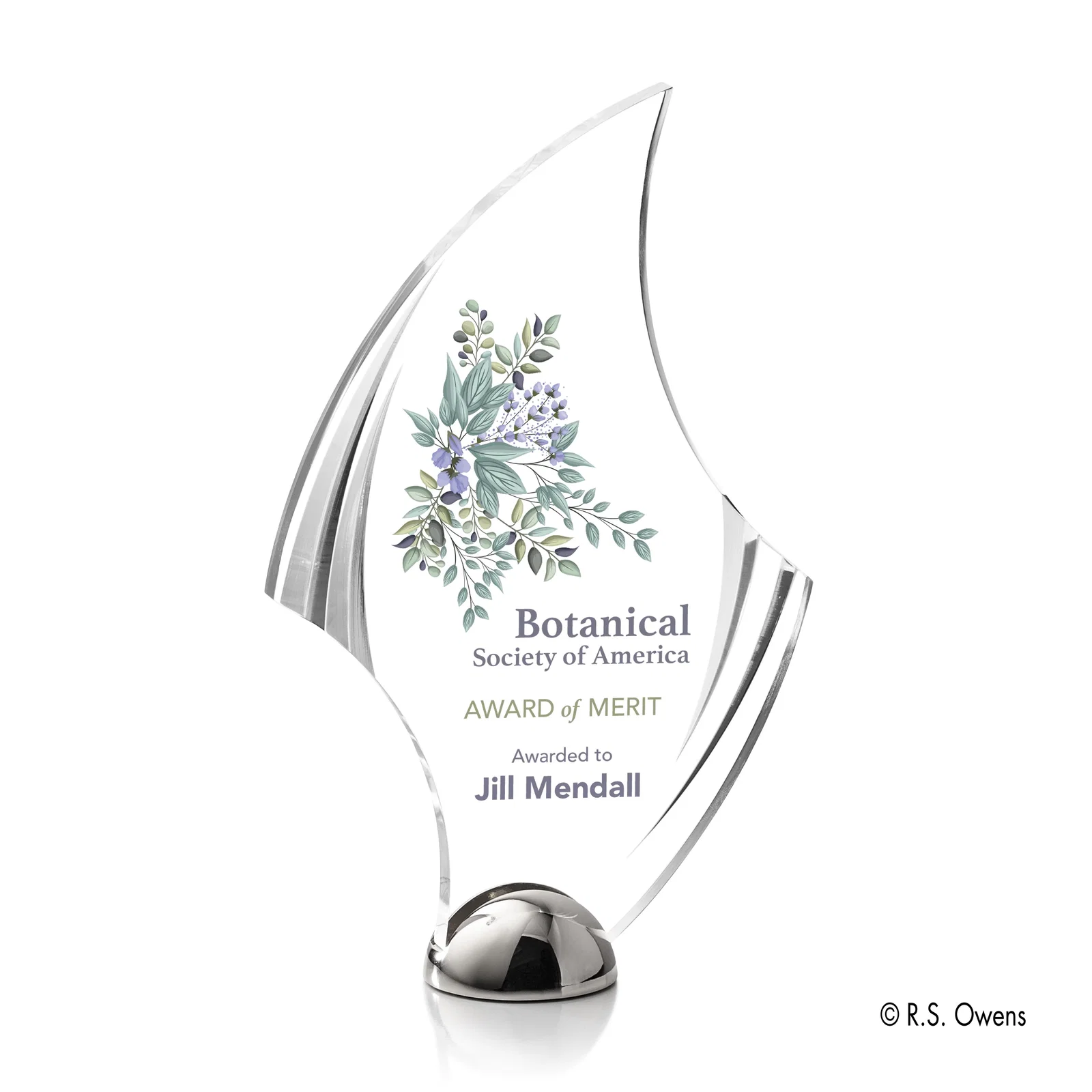 Personalized Acrylic Award with Carved Bevels on Cast Metal Hemisphere Base for corporate award ceremonies