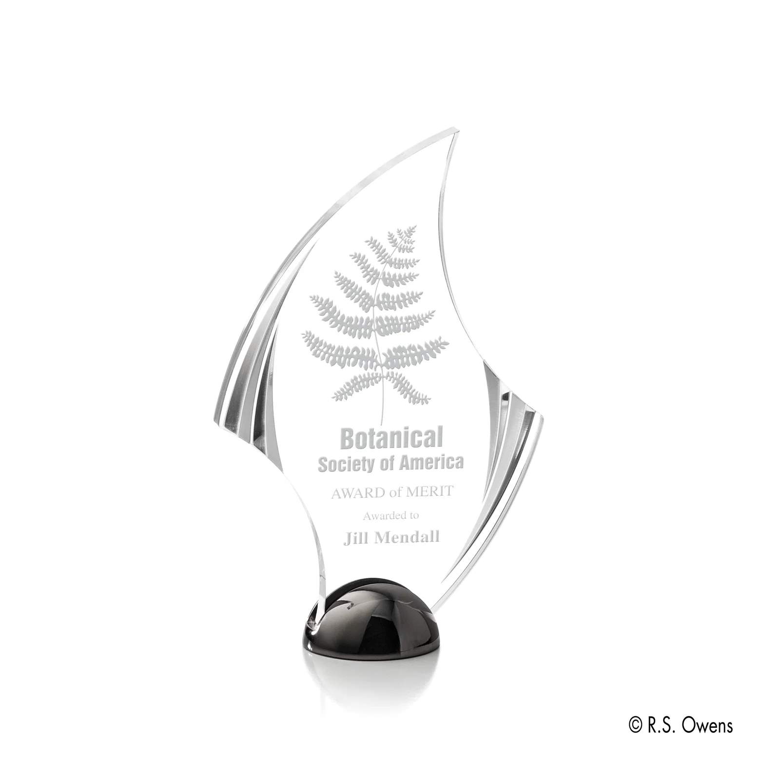 Custom Acrylic Award with Carved Bevels on Cast Metal Hemisphere Base for corporate award ceremonies
