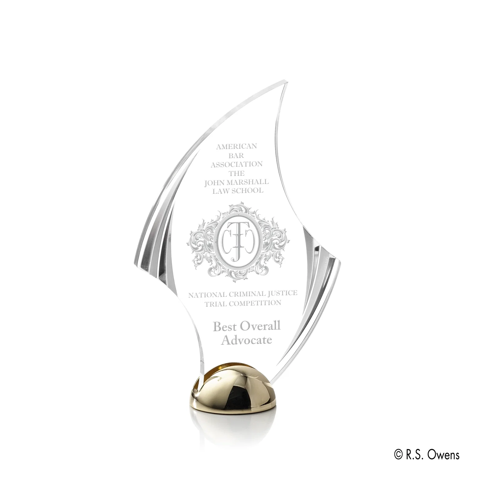 Custom Acrylic Award with Carved Bevels on Cast Metal Hemisphere Base for service anniversary gifts