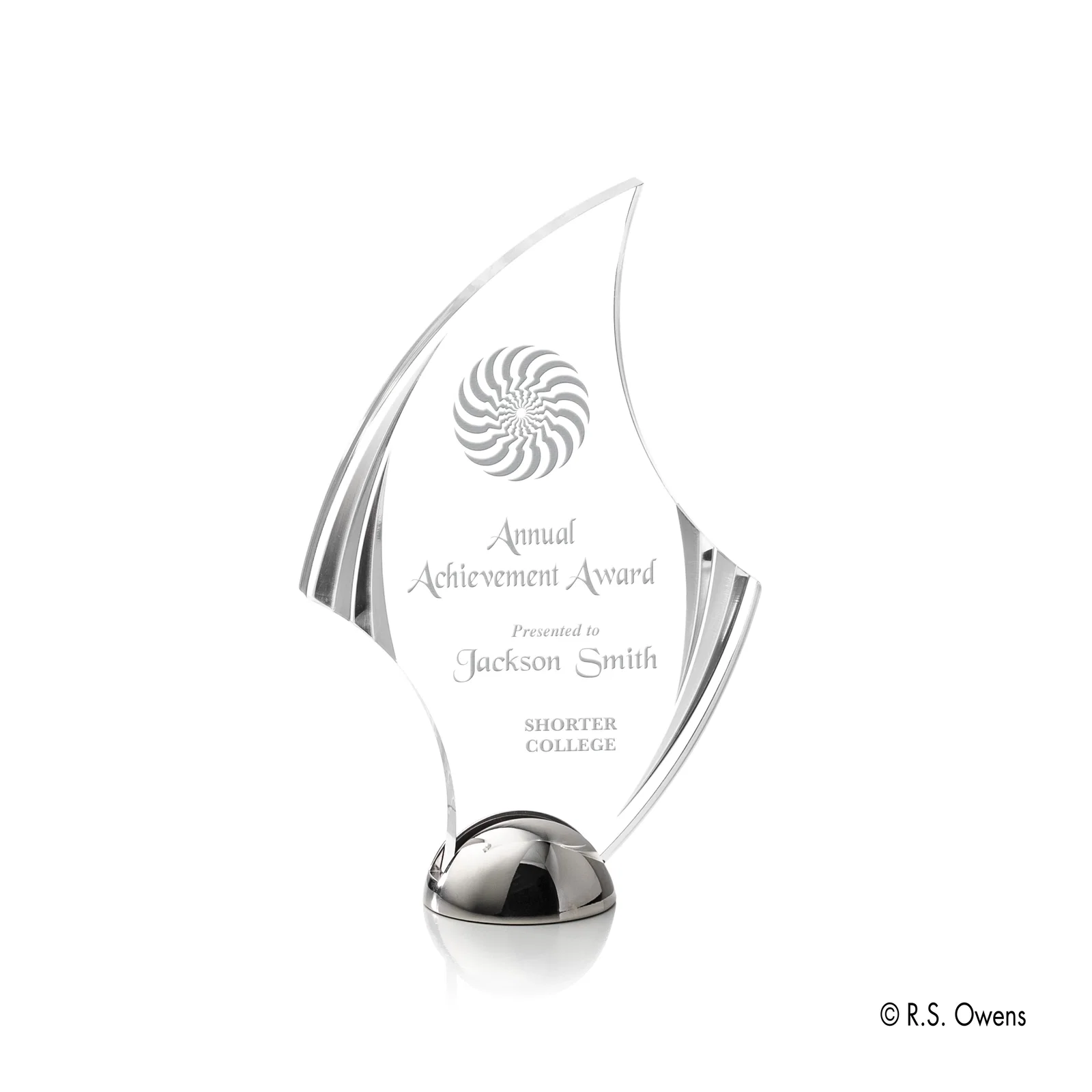 Custom Acrylic Award with Carved Bevels on Cast Metal Hemisphere Base for sales achievement awards