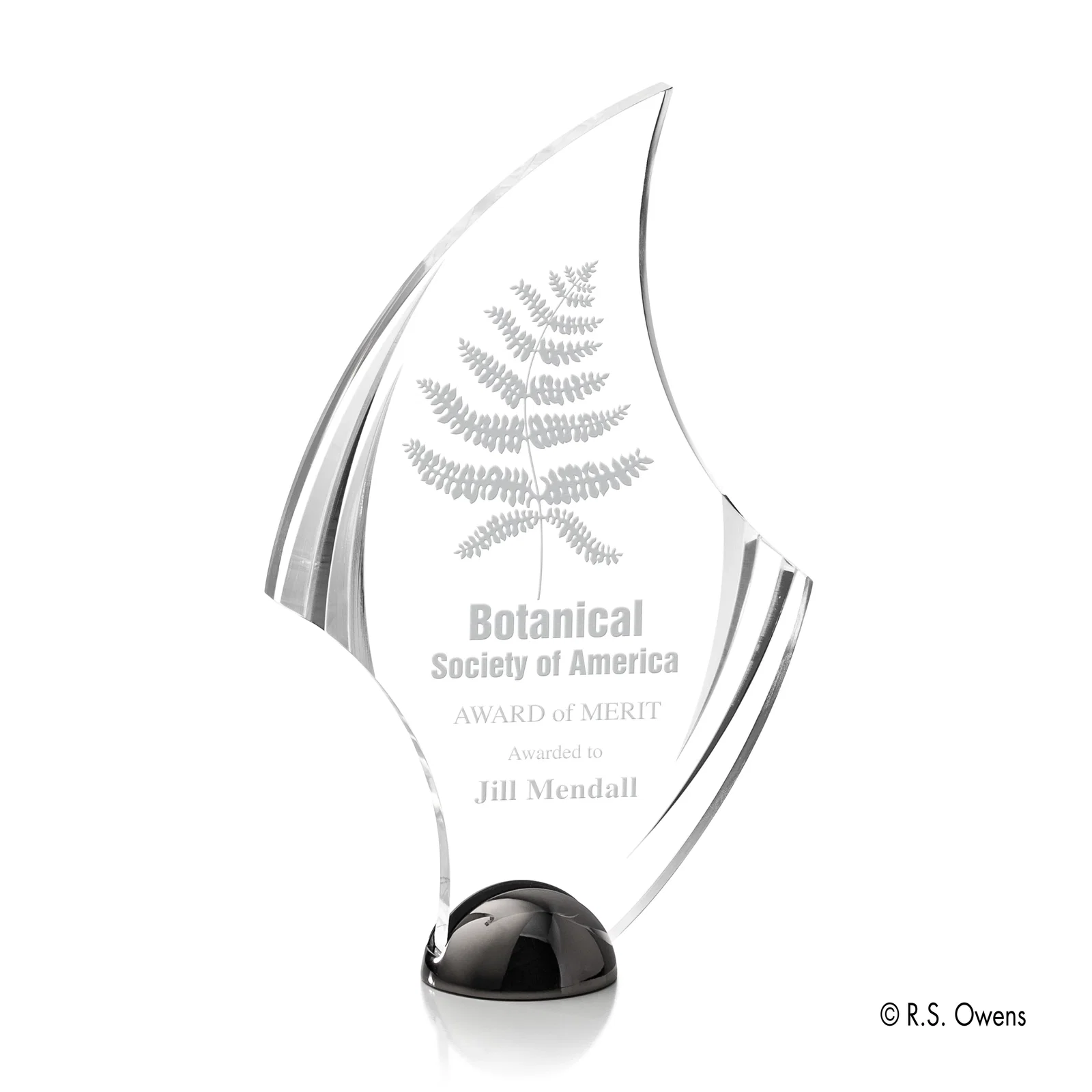 Custom Acrylic Award with Carved Bevels on Cast Metal Hemisphere Base for retirement presentations