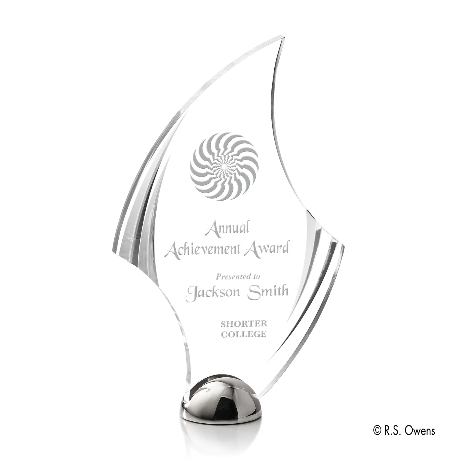Custom Acrylic Award with Carved Bevels on Cast Metal Hemisphere Base for donor appreciation