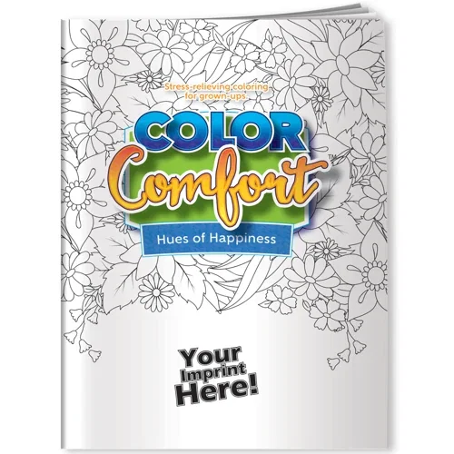Hues of Happiness Flowers Color Comfort coloring book cover, front view