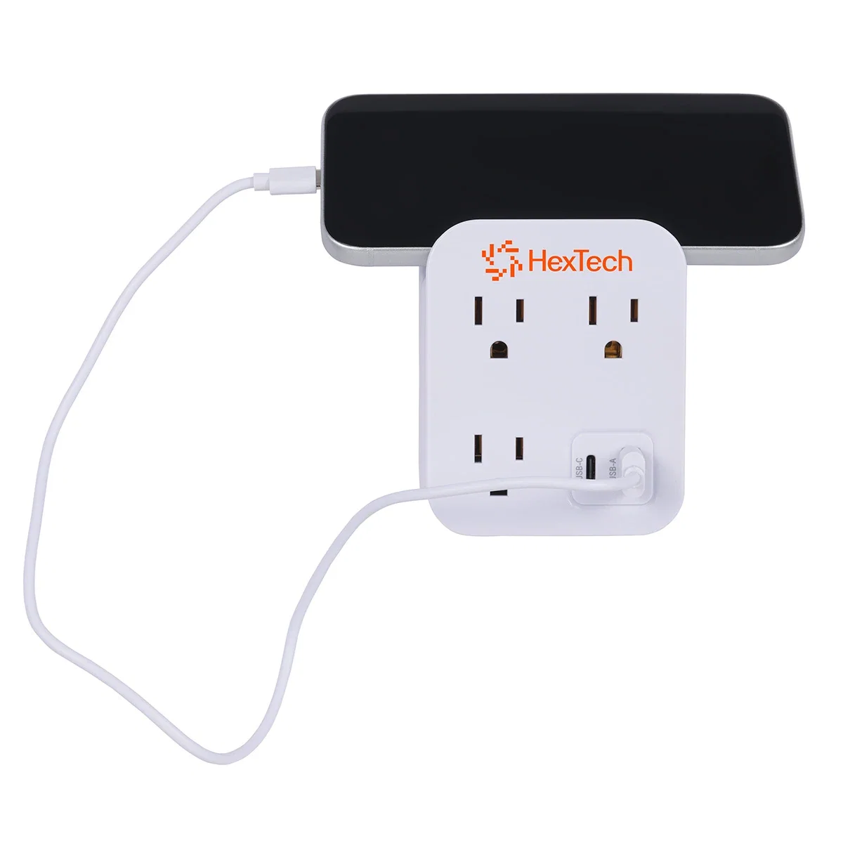 Flux 2.0 Wall Charger holding a smartphone, promotional phone holder in use