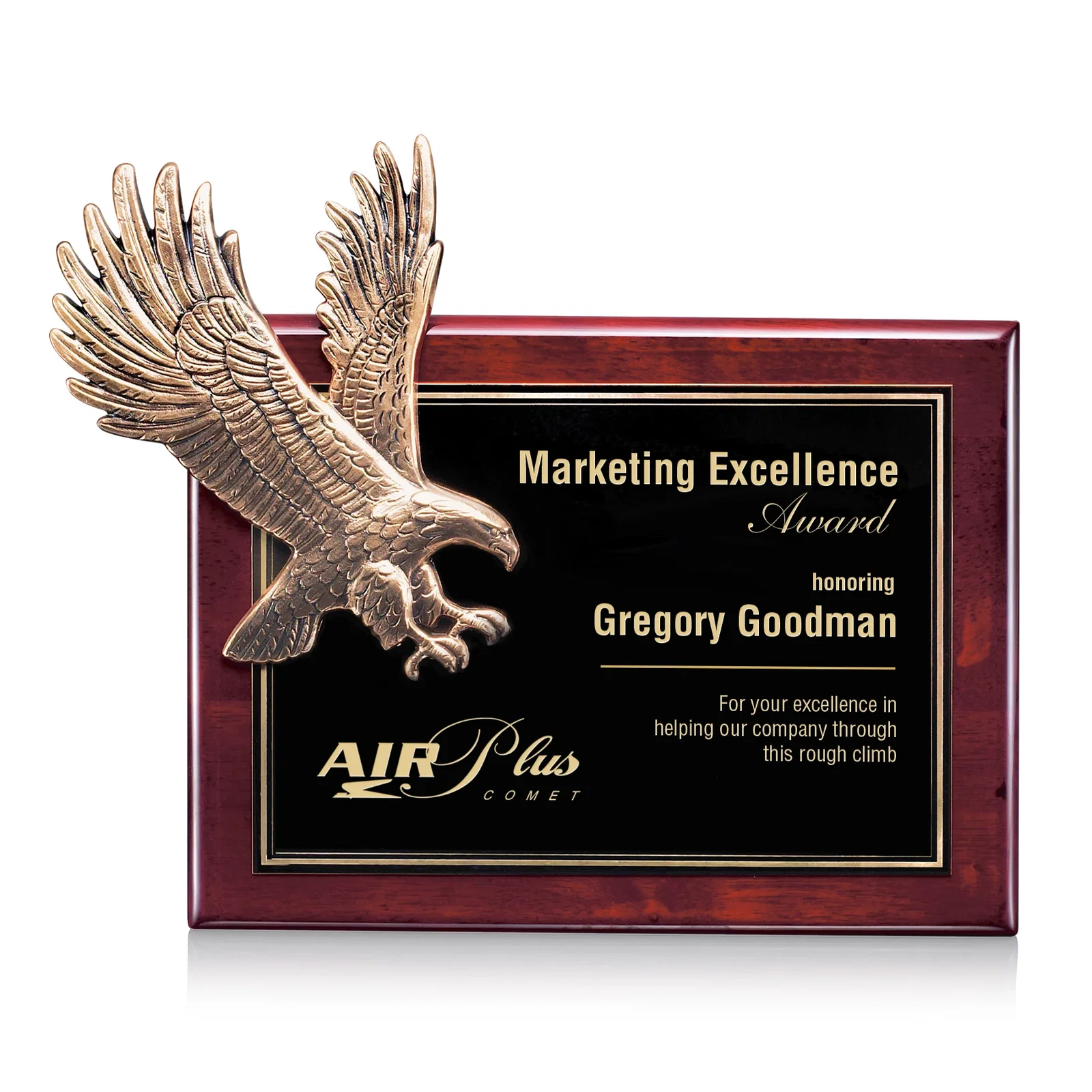 Custom Solid Cast Antique Eagle Perpetual Plaque on Rosewood for employee recognition
