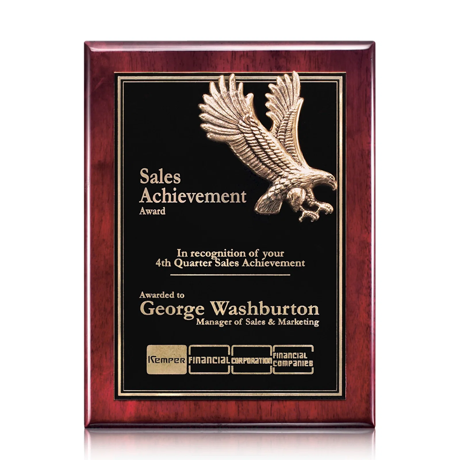 Custom Antique Eagle Plaque On Rosewood Piano Finish, Eagle Above Plates for employee recognition