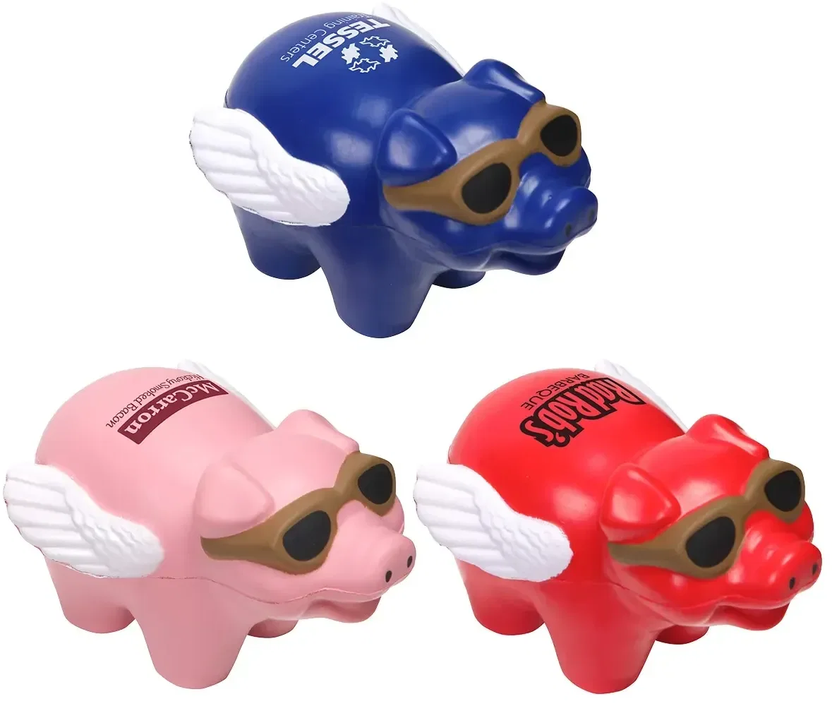 Flying Pig Stress Reliever, front view of the custom winged-pig squeeze toy with printable logo space