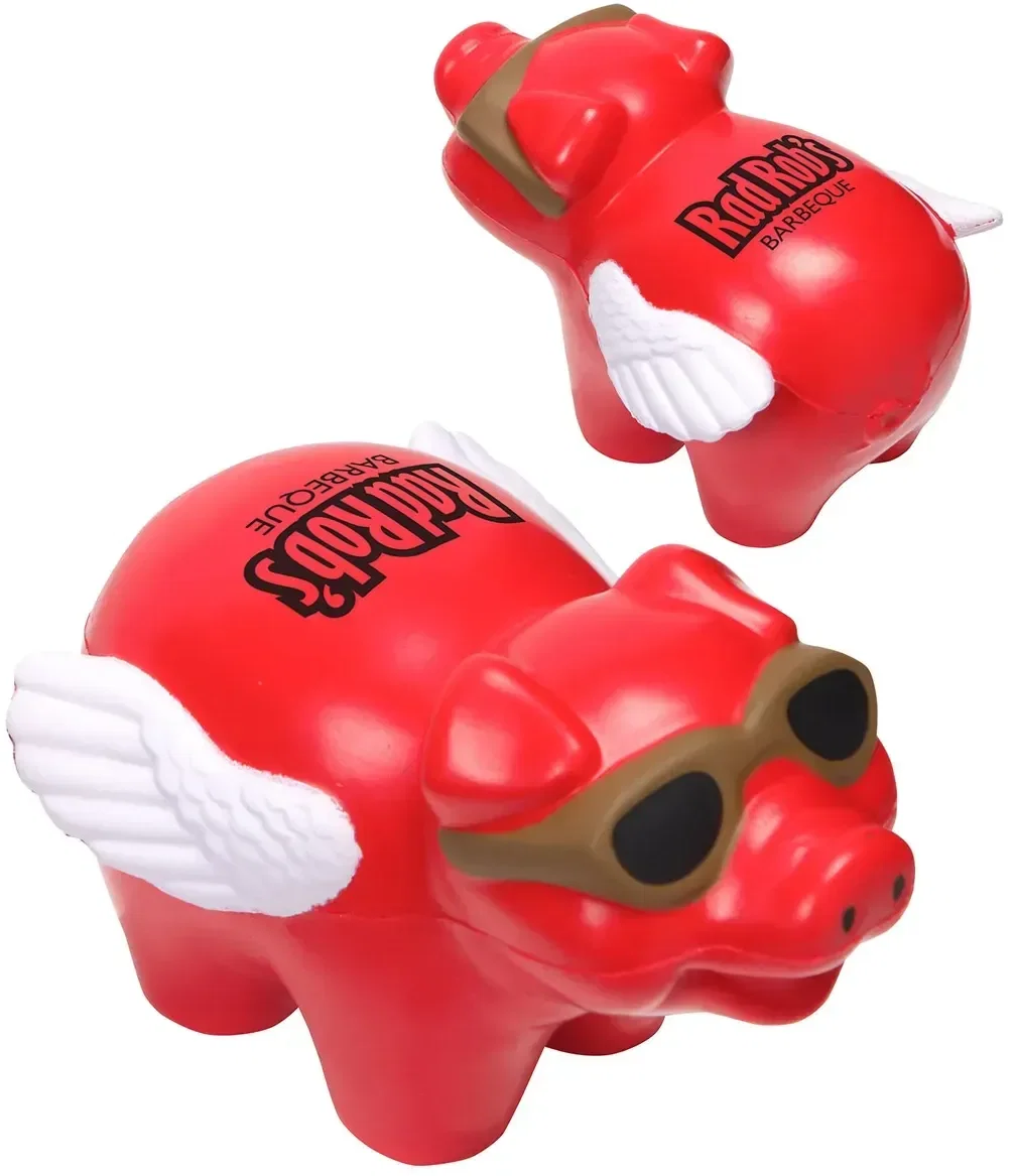 Flying Pig Stress Reliever shown from the side, a branded winged-pig squeeze toy for playful giveaways