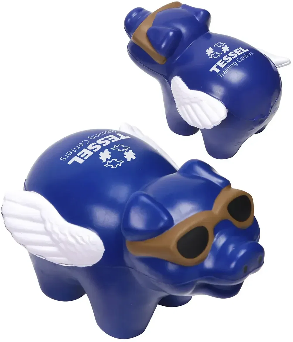Flying Pig Stress Reliever close-up of the wings and imprint area on the custom promotional squeeze toy