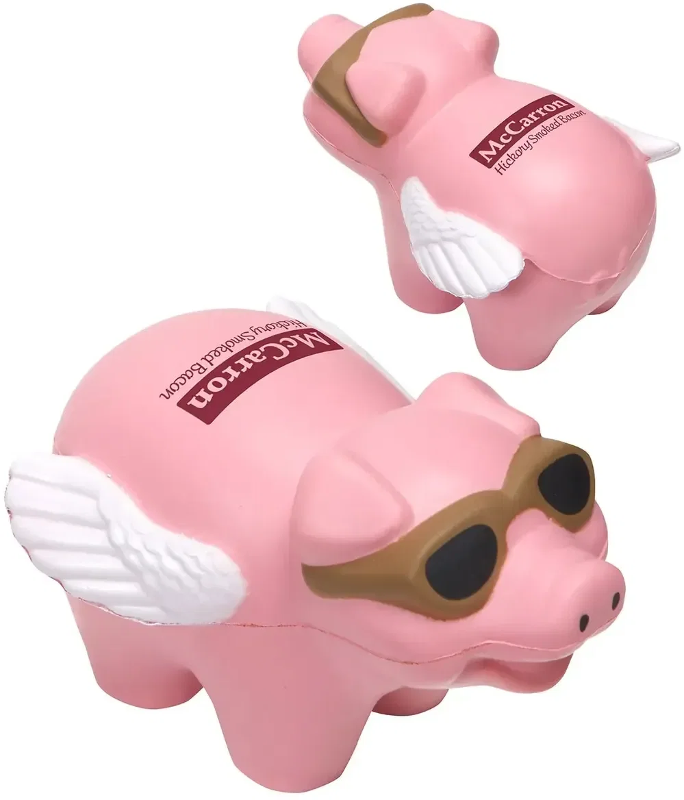Flying Pig Stress Reliever held in hand, a branded winged-pig squeeze toy for custom logo campaigns