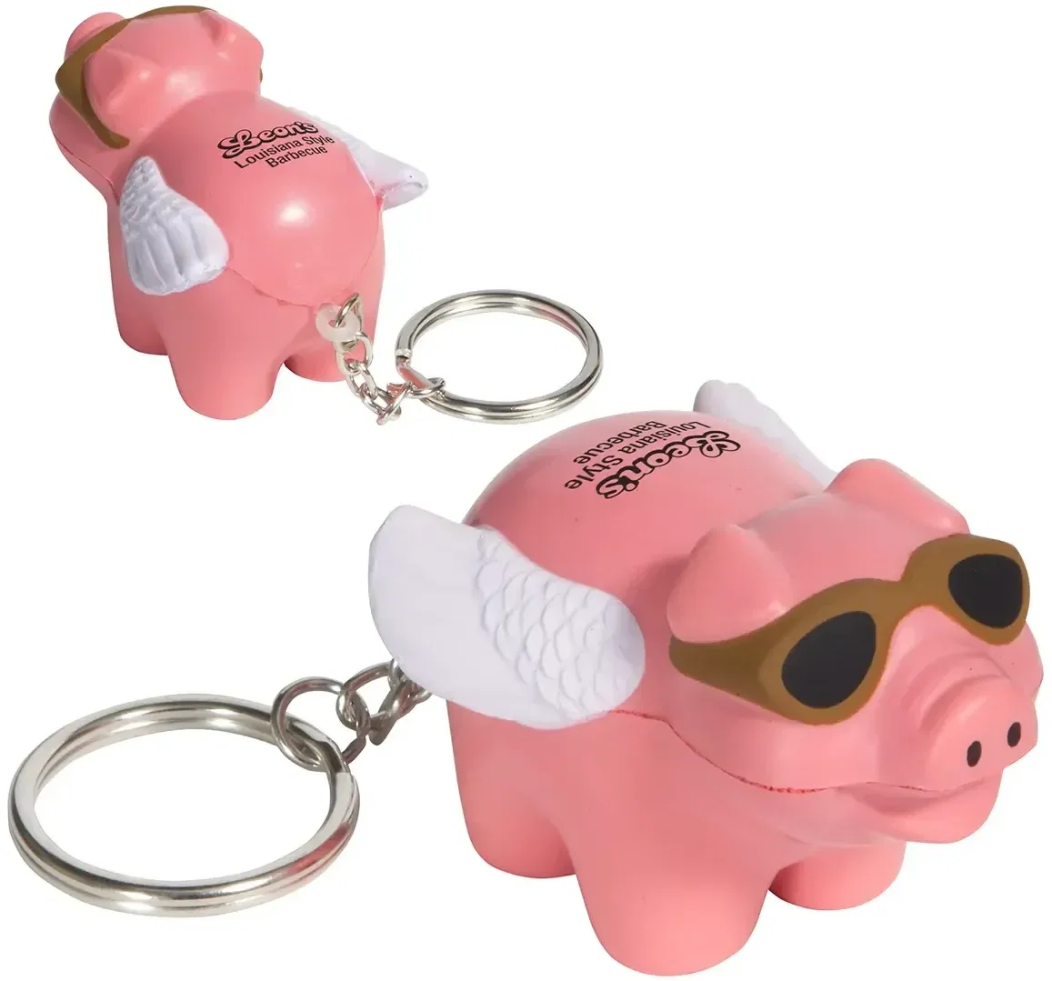 Flying Pig custom stress reliever keychain, winged pig squeeze toy with logo imprint area, front view