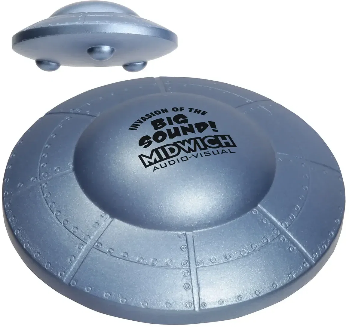Custom Flying Saucer Stress Reliever, promotional flying-saucer foam squeeze toy with branded logo area