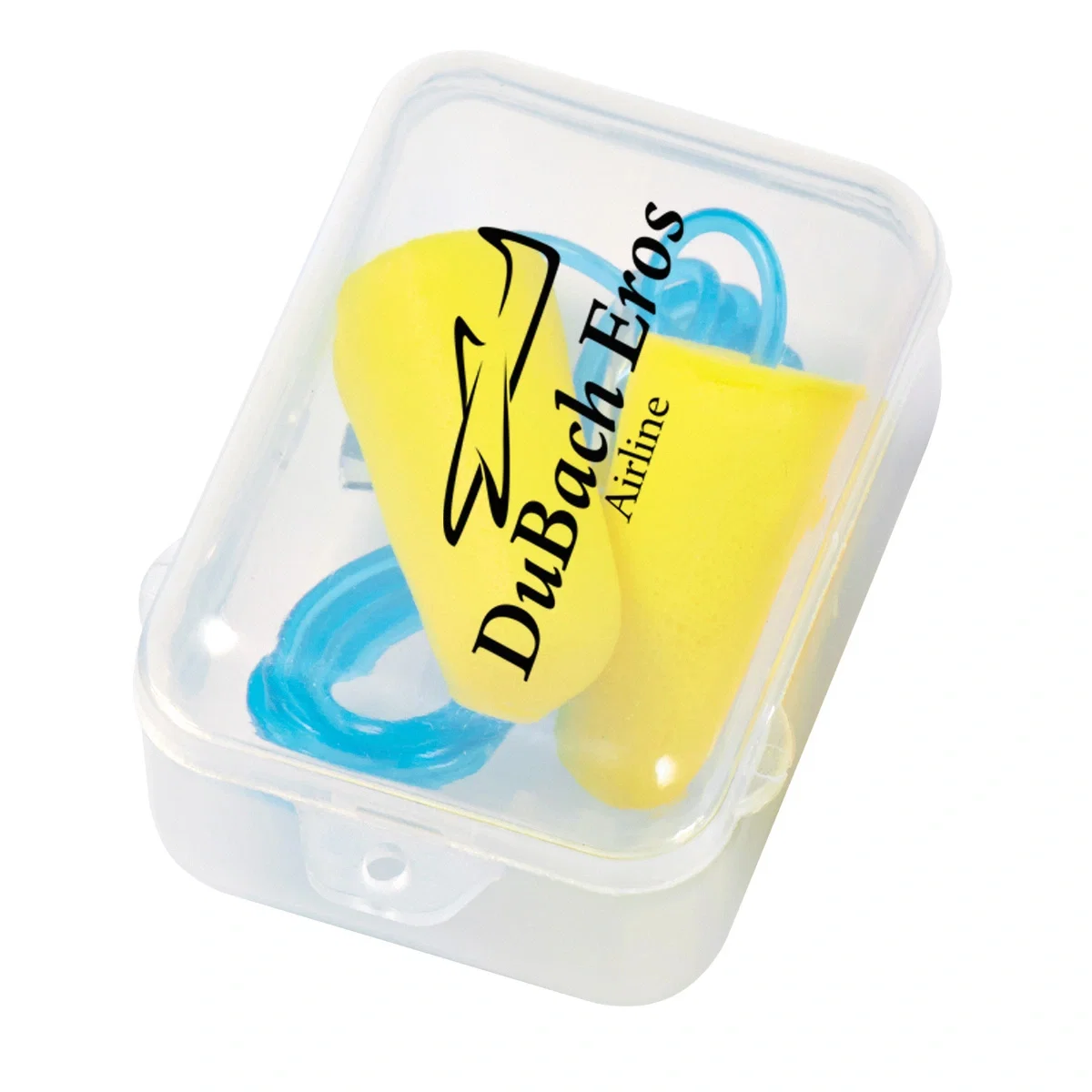 Corded foam ear plugs stored inside a clear carrying case