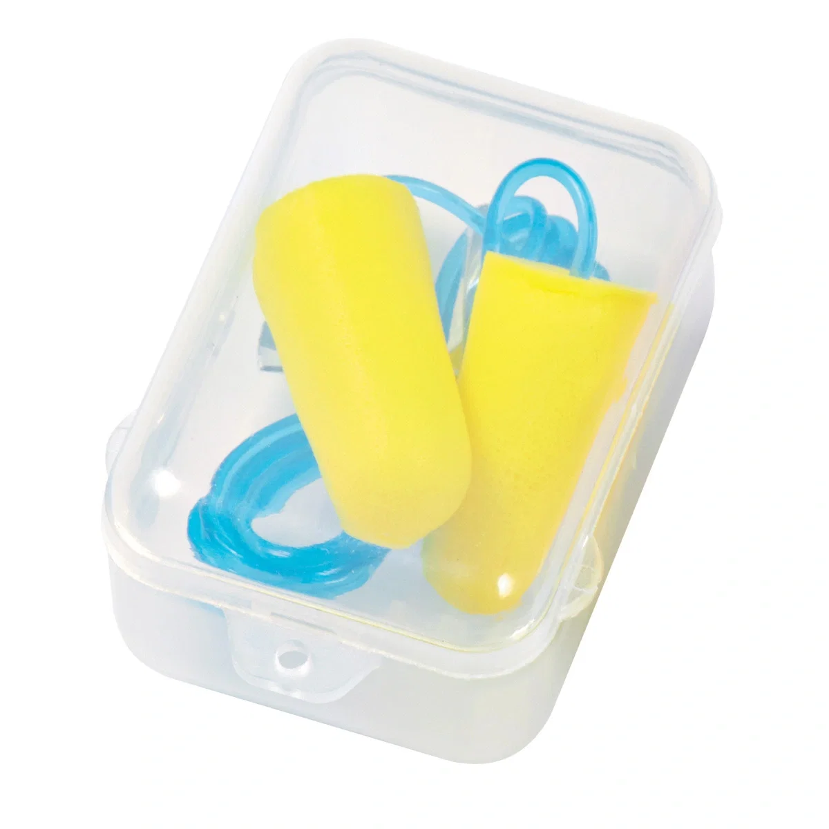 Yellow plugs shown outside their clear container