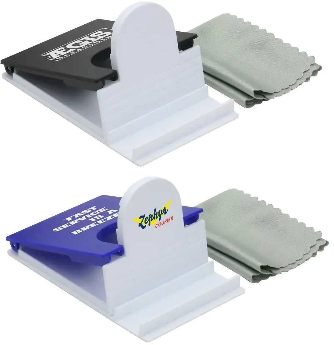 Fold-Flat custom phone holder front view, branded phone stand with a microfiber cloth
