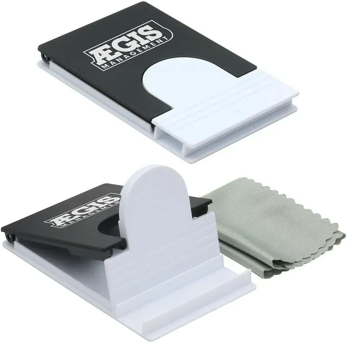 Branded Fold-Flat phone holder angled view propping up a phone