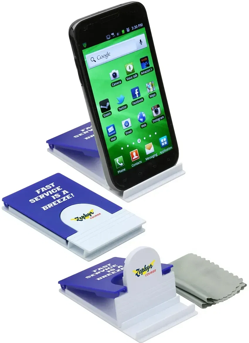 Fold-Flat custom phone holder close-up of microfiber lens cloth and imprint area
