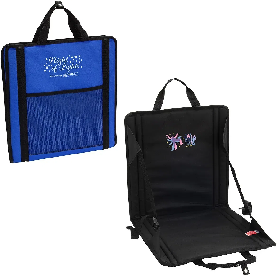 Fold 'N Go adjustable stadium seat cushion, branded custom bleacher seat, front view