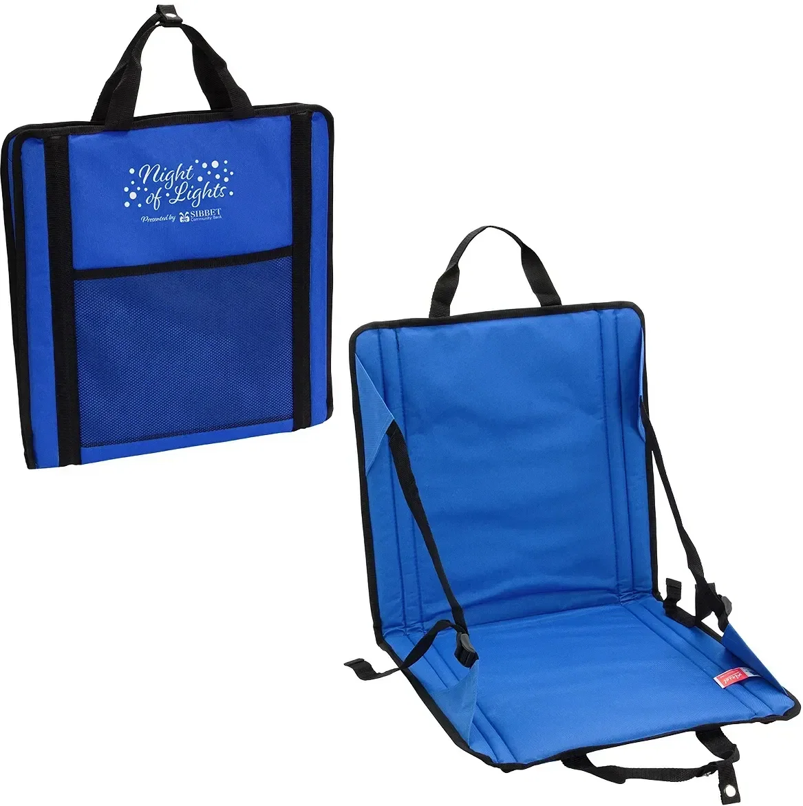 Close-up of adjustable straps on custom Fold 'N Go stadium seat cushion