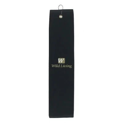 Folded golf towel sized sixteen inches wide by twenty five long