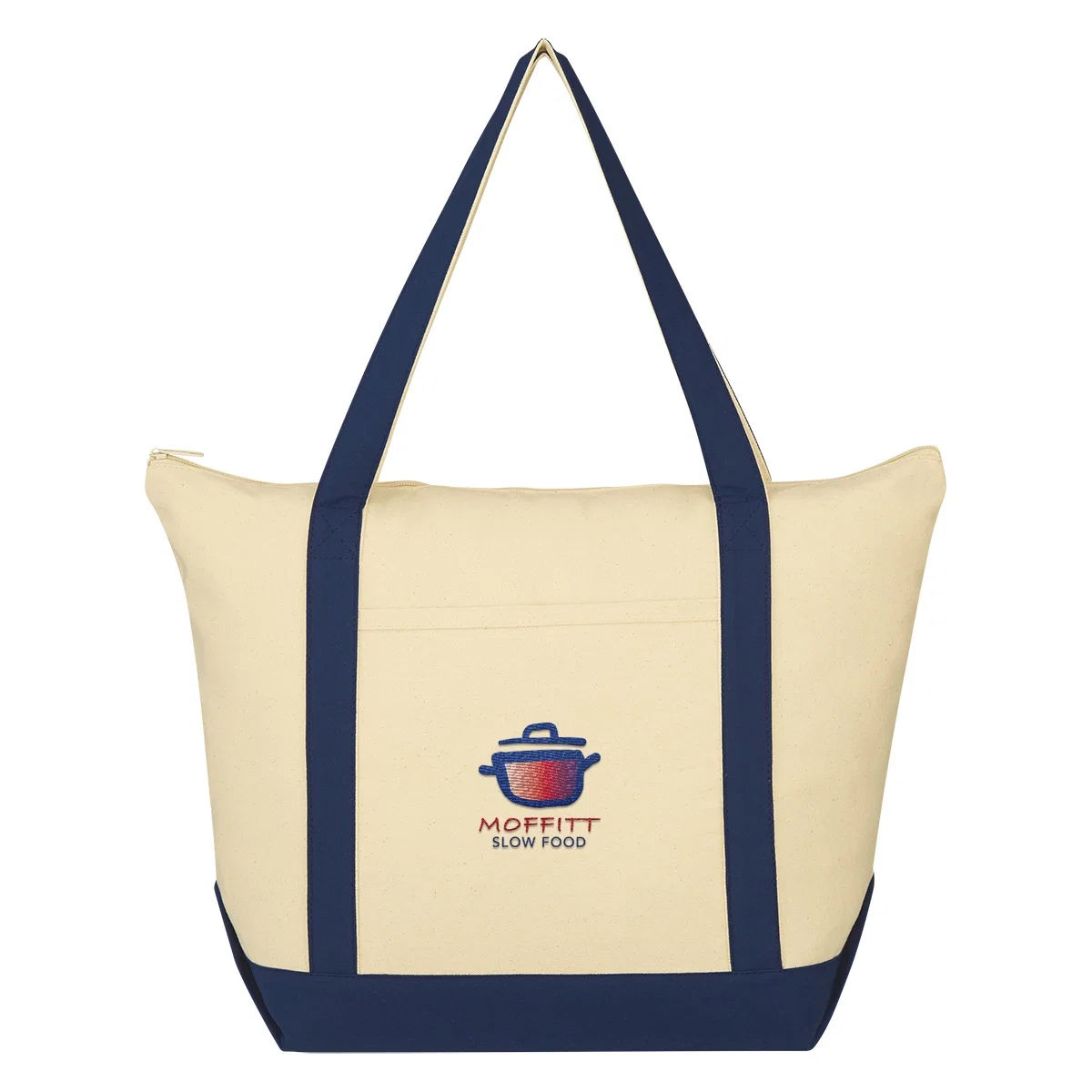 Navy trim edging the natural canvas body
