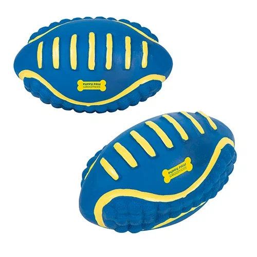 Custom branded durable latex dog toy football and ring, front view of promotional pet chew toy
