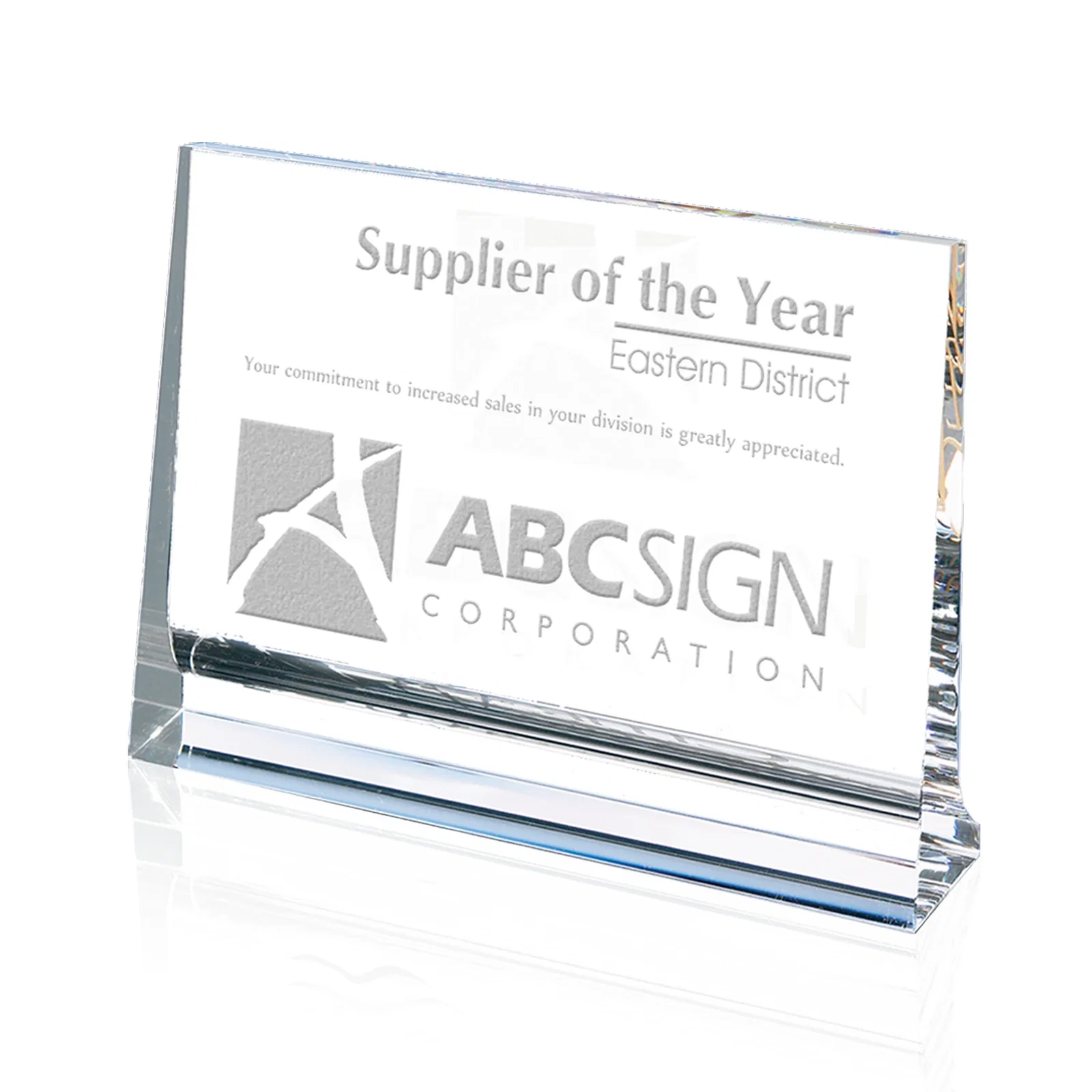 Custom Optical Crystal Horizontal Plaque with a Backward-Sloping Face for service anniversary gifts