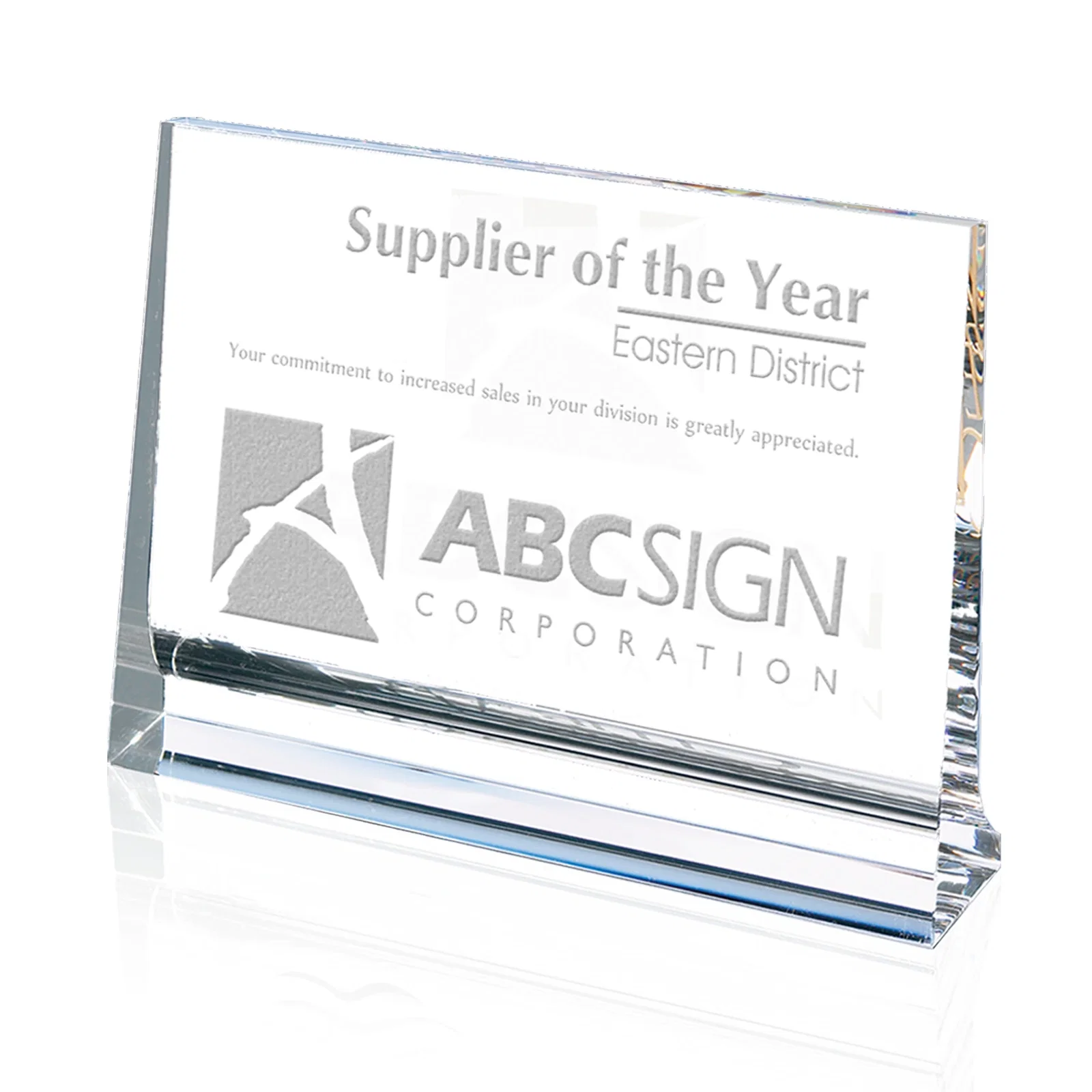 Custom Optical Crystal Horizontal Plaque with a Backward-Sloping Face for sales achievement awards