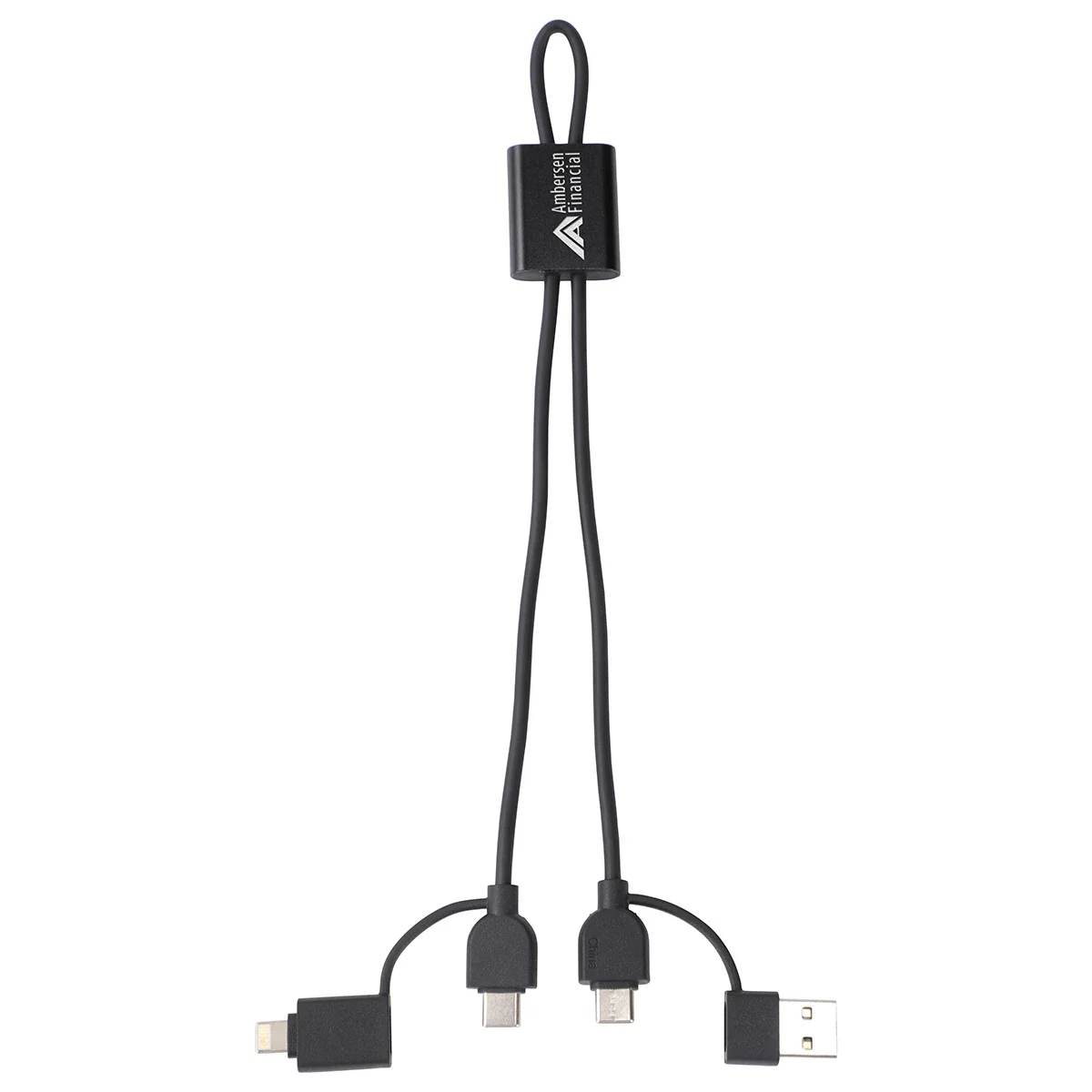 Close-up of the Forge 4-in-1 Data & Fast Charging Cable's connector ends and logo imprint area