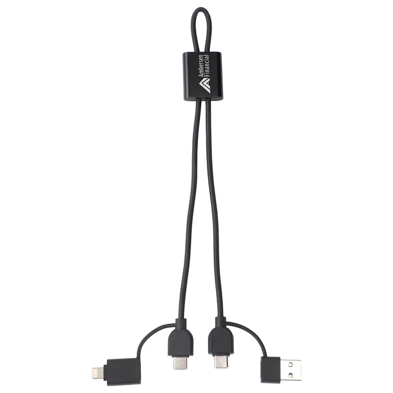 Close-up of the Forge 4-in-1 Data & Fast Charging Cable's connector ends and logo imprint area
