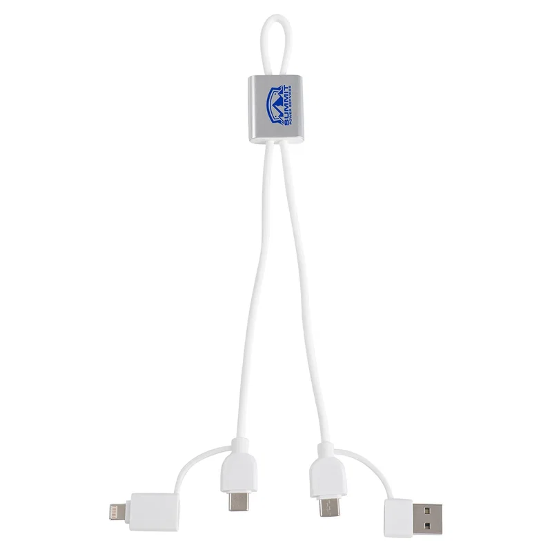 Forge 4-in-1 Data & Fast Charging Cable shown in multiple color options, group shot of the branded cables