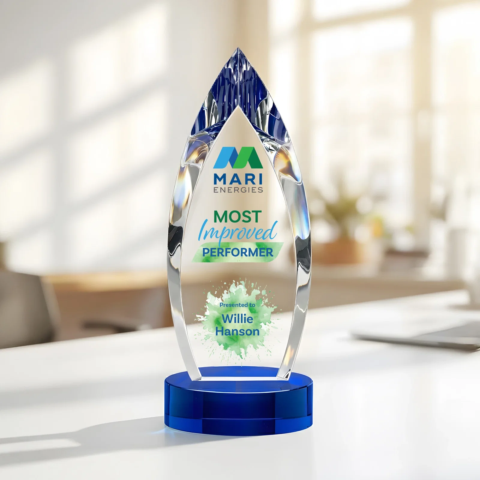 Personalized Optical Crystal Award with Deep Bevels and a Colored Base Accent, awards for safety achievement programs
