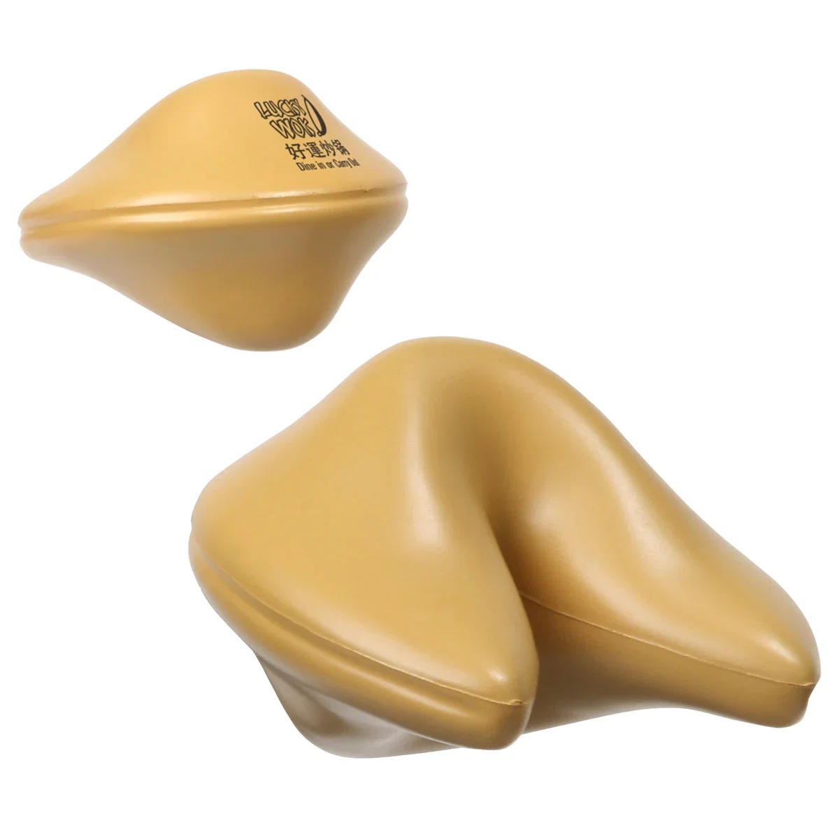 Fortune cookie shaped stress reliever with a pad-printed top imprint