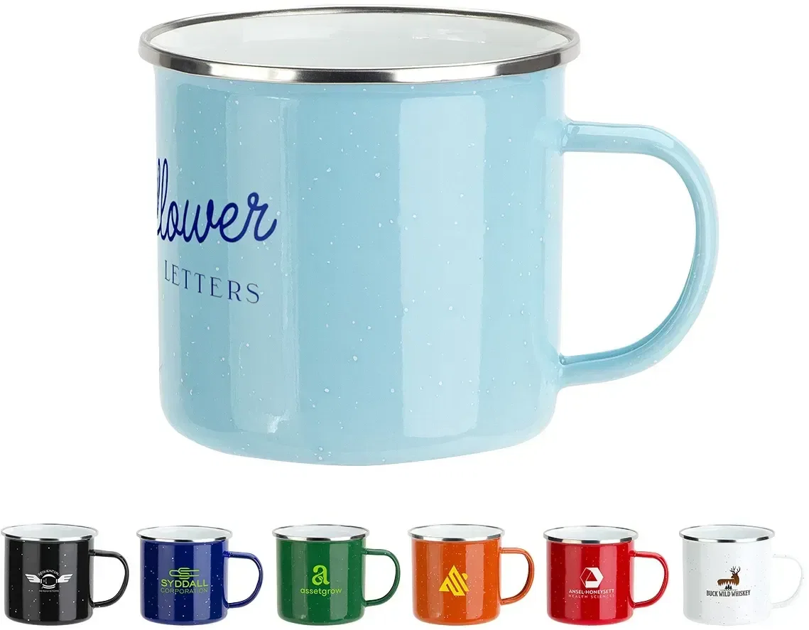 Foundry 16 oz speckled enamel coffee mug, custom branded promotional camp-style drinkware, front view