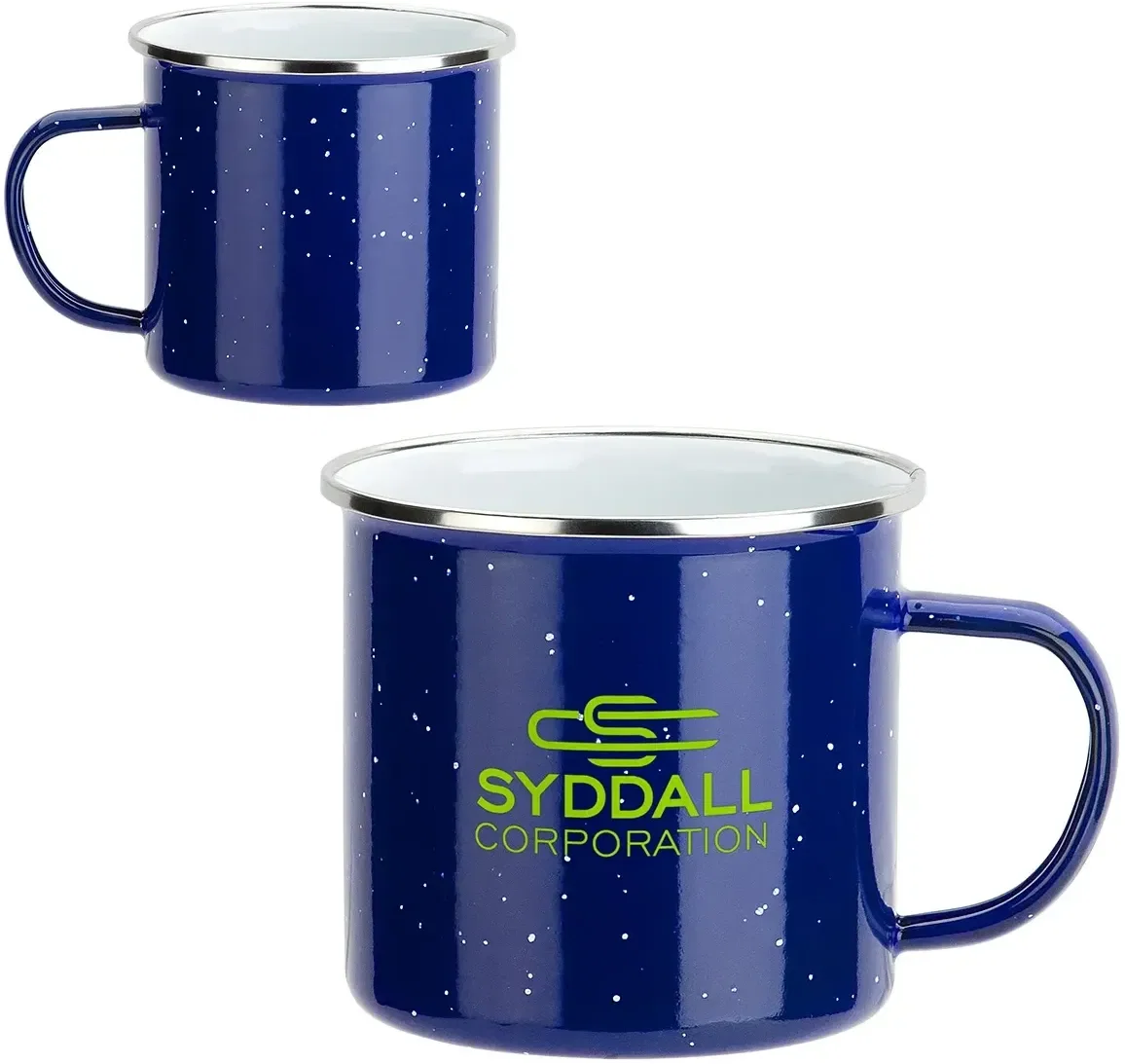Custom logo Foundry 16 oz enamel mug, speckled finish close-up