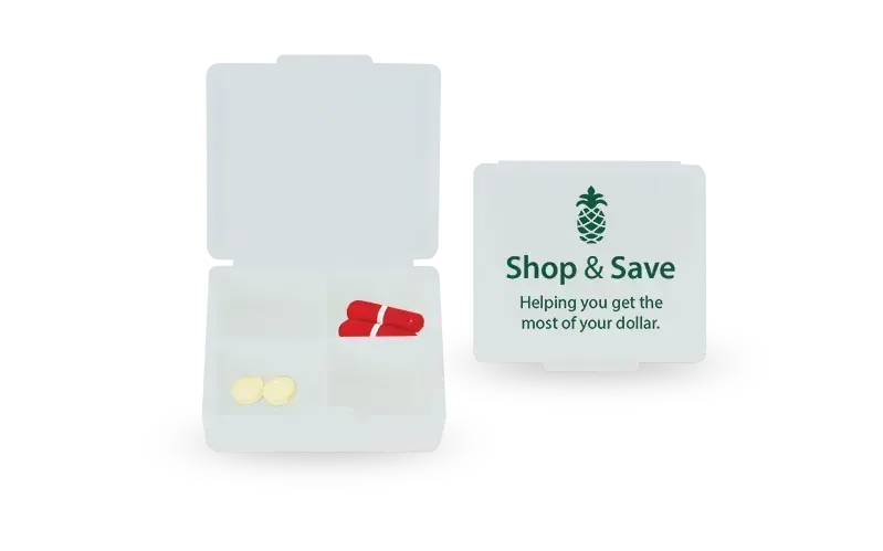 Four-A-Day Pill Box. Four-compartment daily pill box organizer for pharmacy and clinic giveaways