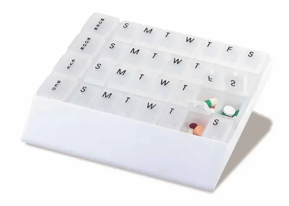 Four Weeks and Today Medicine Tray Organizer. Monthly pill organizer tray with Braille weekly boxes for pharmacy giveaways, v