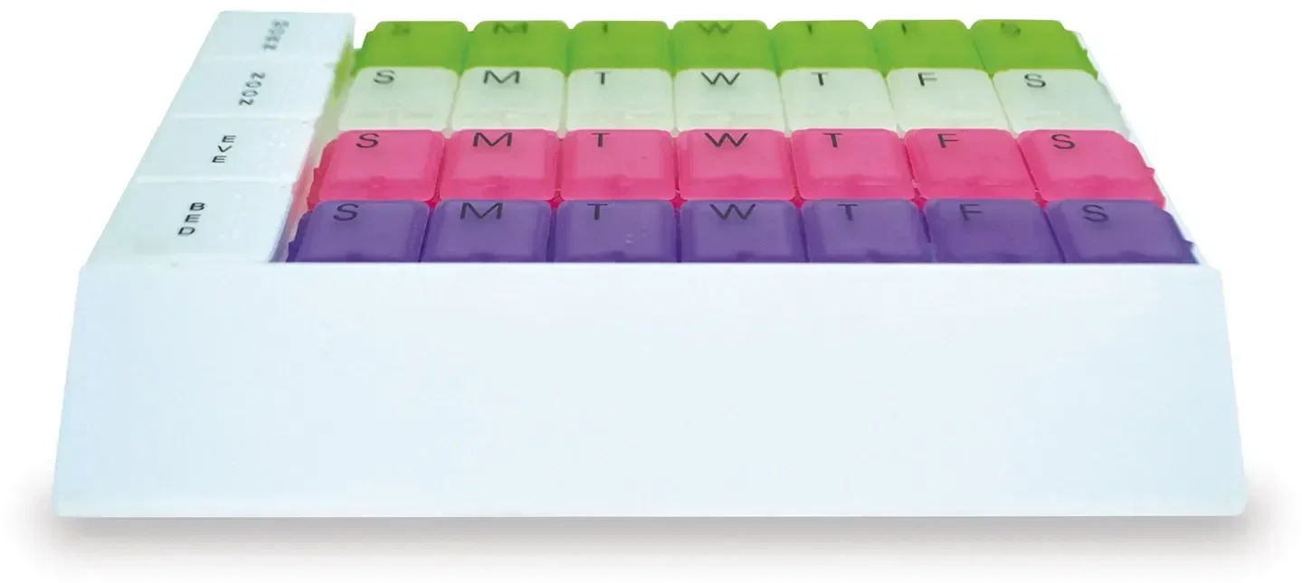 Four Weeks and Today Medicine Tray Organizer. Monthly pill organizer tray with Braille weekly boxes for pharmacy giveaways, v