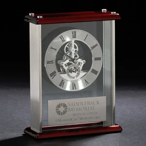 Framework Skeleton Clock, 7.25" x 9" Glass and Rosewood, Laser Engraved