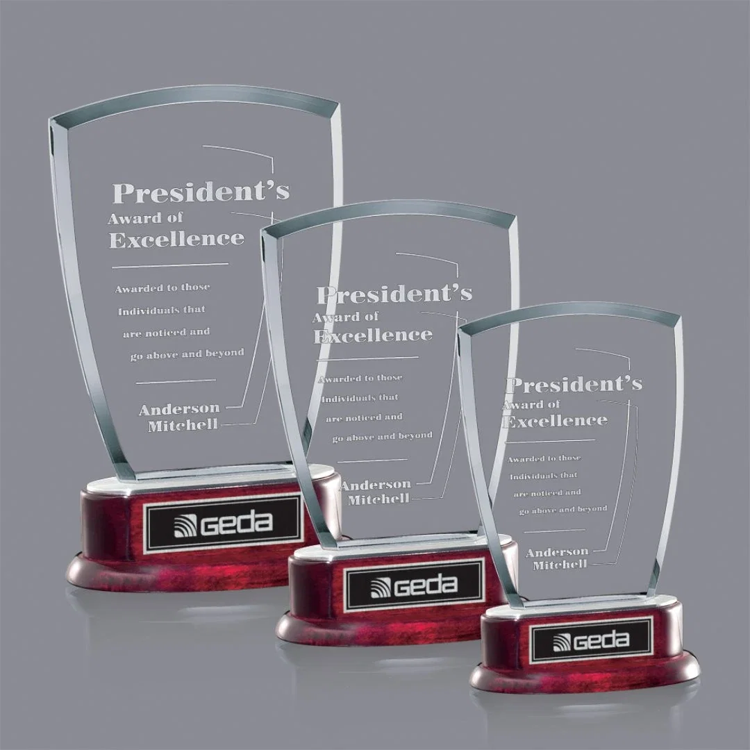 Custom Jade Glass Shield Award on a Rosewood Base With an Extra Text Plate for employee recognition